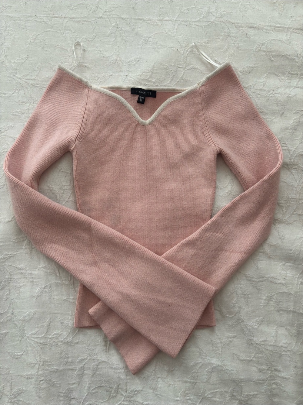 Dynamite Blush Pink Off-Shoulder V-Neck Sweater with Contrast Trim